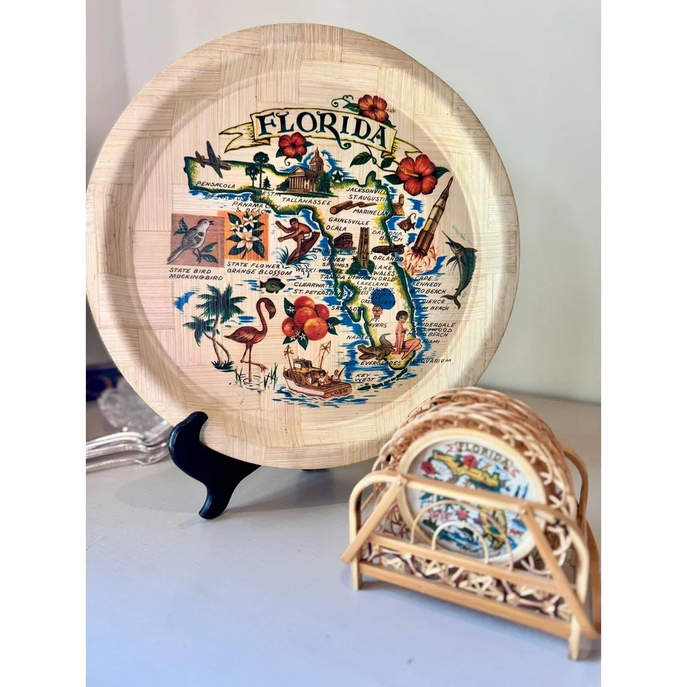 Vintage Florida Map Bamboo Tray and Coasters Set | Mid Century Souvenir